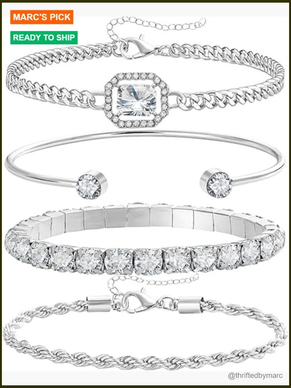 4 Pcs Dainty Bracelet Set 14K Plated Cubic Zirconia Link Layering Adjustable